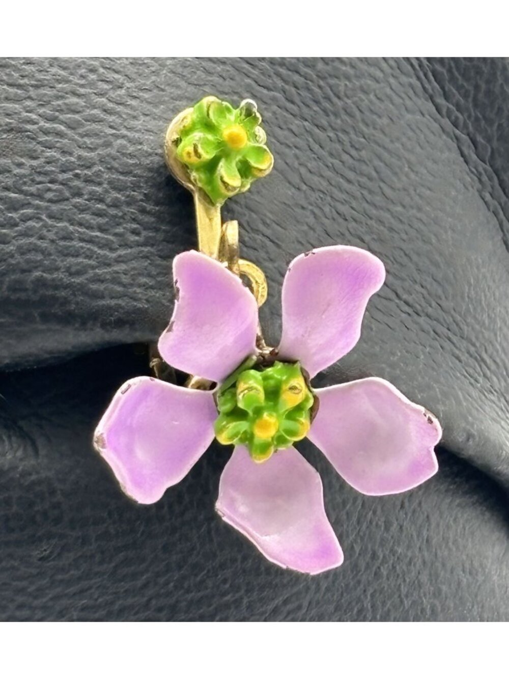 Vintage Enamel Flower Brooch And Clip-On Earrings Dimensional Flowers Pink Green - Picture 6 of 16